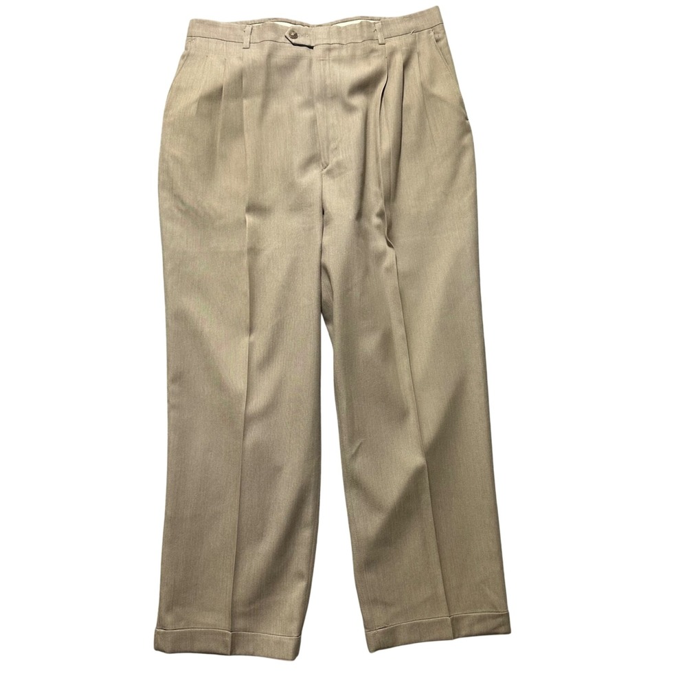 Vintage HAGGAR Mens Khaki Pleated Dress Pants Size 36x30 Wool Classic Fit Cuffed